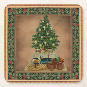 Vintage Antique Merry Christmas Tree Gifts Green Square Paper Coaster