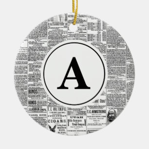 Vintage Antique Newspaper Monogram Ceramic Ornament