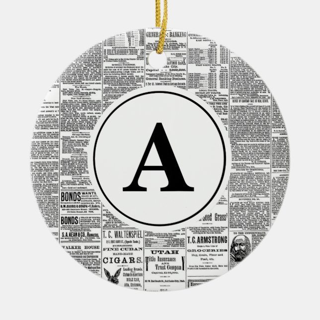 Vintage Antique Newspaper Monogram Ceramic Ornament (Front)