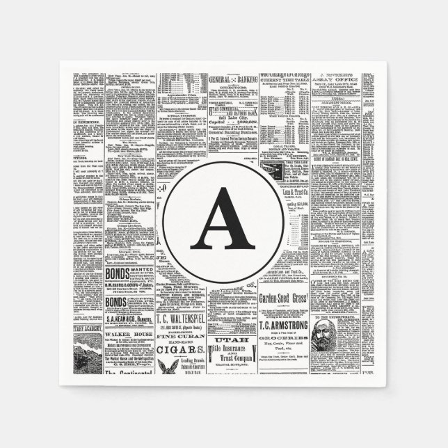 Vintage Antique Newspaper Monogram Paper Napkins (Front)