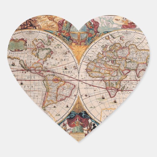 Vintage Antique Old World Map Design Faded Print Heart Sticker
