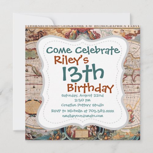 Vintage Antique Old World Map Design Faded Print Personalized Invites