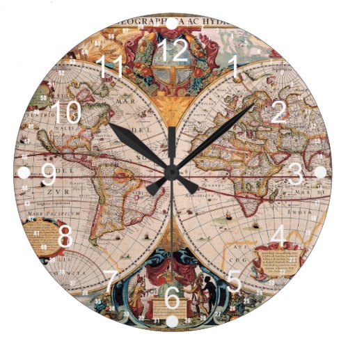 Vintage Antique Old World Map Design Faded Print Large Clock