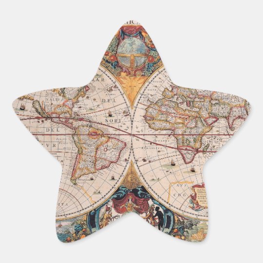 Vintage Antique Old World Map Design Faded Print Star Sticker