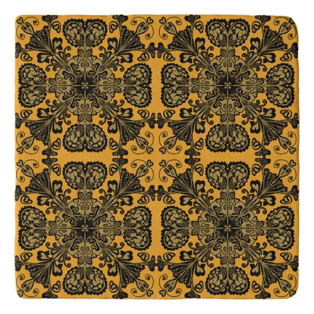 Vintage Antique Ornage Gold Damask Pattern Trivet (Front)