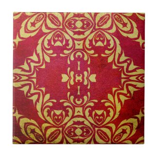Vintage Antique Ornate Gold And Red Damask Pattern Ceramic Tile