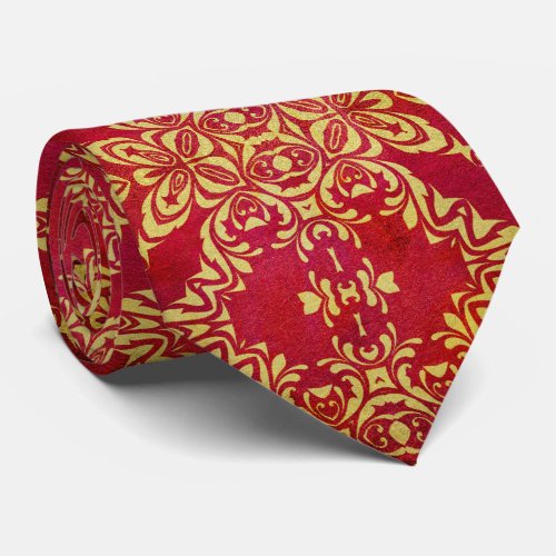 Vintage Antique Ornate Gold And Red Damask Pattern Neck Tie