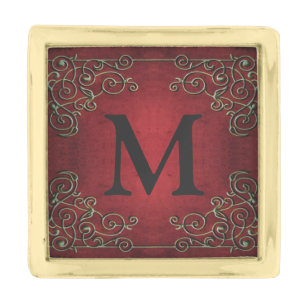 Vintage Antique Ornate Red Gold Monogram Gold Finish Lapel Pin