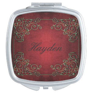 Vintage Antique Ornate Red Gold Personalised Compact Mirror