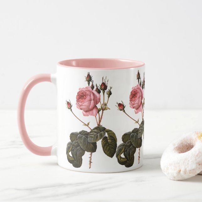 Vintage Antique Pink Garden Roses in Bloom Mug (With Donut)