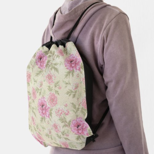 Vintage Antique Pink Rose Floral botanical  Drawstring Bag