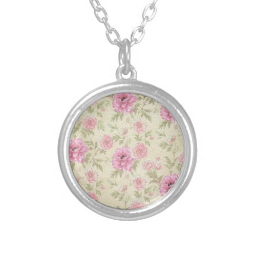 Vintage Antique Pink Rose Floral botanical  Silver Plated Necklace