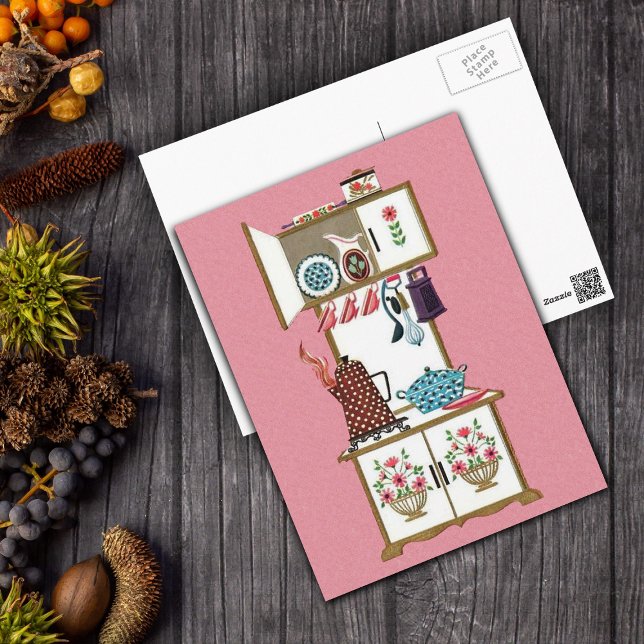 Vintage Antique Retro Kitchen Stove Coffee Pot Postcard (Vintage white cooking stove with pots pans and pink flowers on pink postcard.)