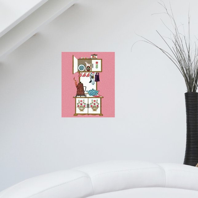 Vintage Antique Retro Kitchen Stove Coffee Pot Poster (Vintage white kitchen cooking stove pots pans coffee pot on pink wall art poster.)