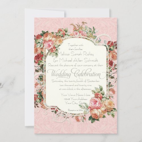 Vintage Antique Rose Floral Bouquet Formal Wedding Invitation