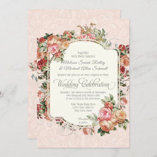 Vintage Antique Rose Floral Bouquet Formal Wedding Invitation