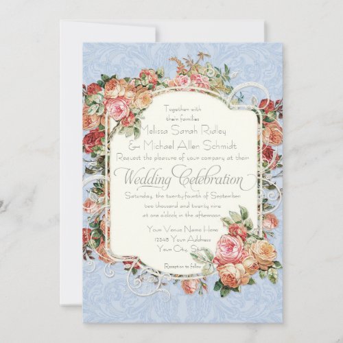 Vintage Antique Rose Floral Bouquet Formal Wedding Invitation