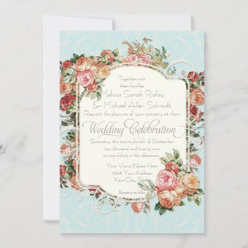 Vintage Antique Rose Floral Bouquet Formal Wedding Invitation