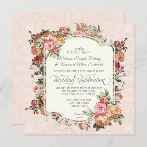 Vintage Antique Rose Floral Bouquet Square Wedding Invitation