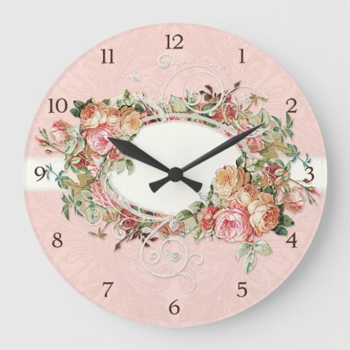 Vintage Antique Roses Floral Bouquet Modern Swirls Large Clock