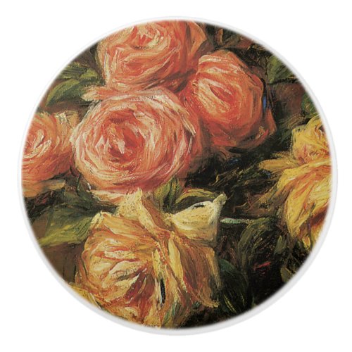 Vintage Antique Roses Yellow Floral Impressionist Ceramic Knob