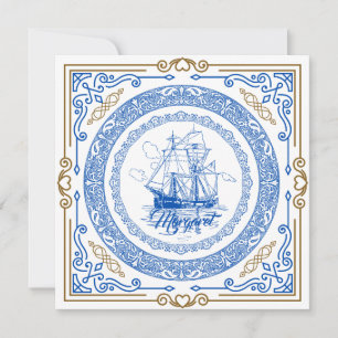 Vintage antique royal blue ship decorative border