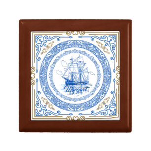 Vintage antique royal blue ship decorative border gift box