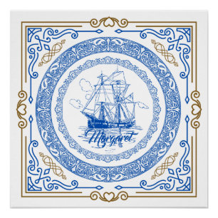 Vintage antique royal blue ship decorative border poster