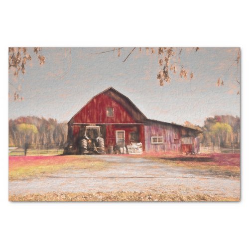 Vintage Antique Rustic Texture Sketch Art Red Barn Tissue Paper