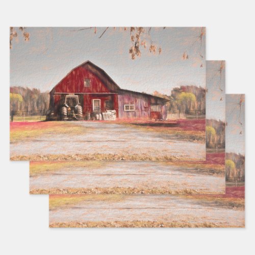 Vintage Antique Rustic Texture Sketch Art Red Barn Wrapping Paper Sheets