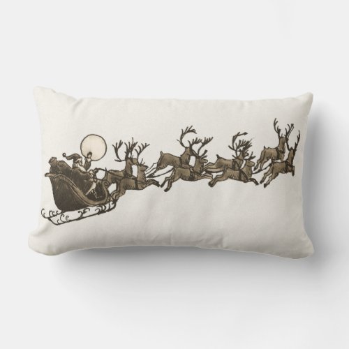 Vintage Antique Sepia Santa Sleigh Reindeers Lumbar Pillow