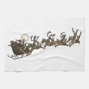 Vintage Antique Sepia Santa Sleigh Reindeers Towel