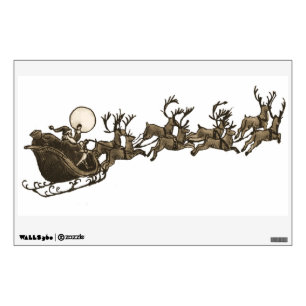 Vintage Antique Sepia Santa Sleigh Reindeers Wall Sticker