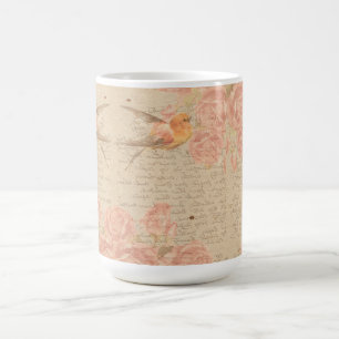 Vintage Antique Shabby Chic Script & Bird Floral Coffee Mug