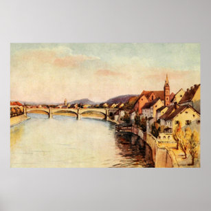 Vintage Antique Switzerland Rhine River Basel Poster