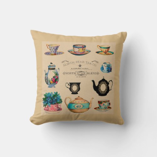 Vintage Antique Teacup Floral Throw Pillow