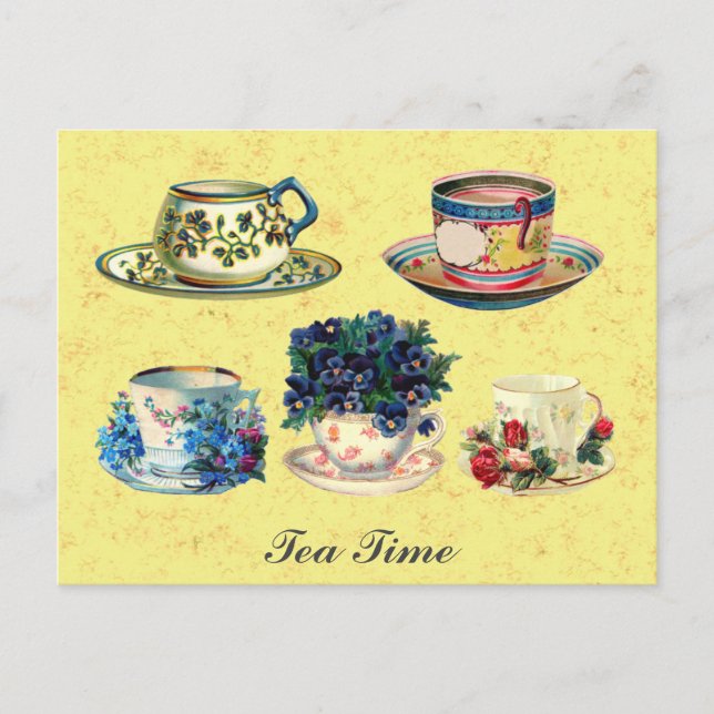 Vintage Antique Teacup Tea Time Postcard (Front)