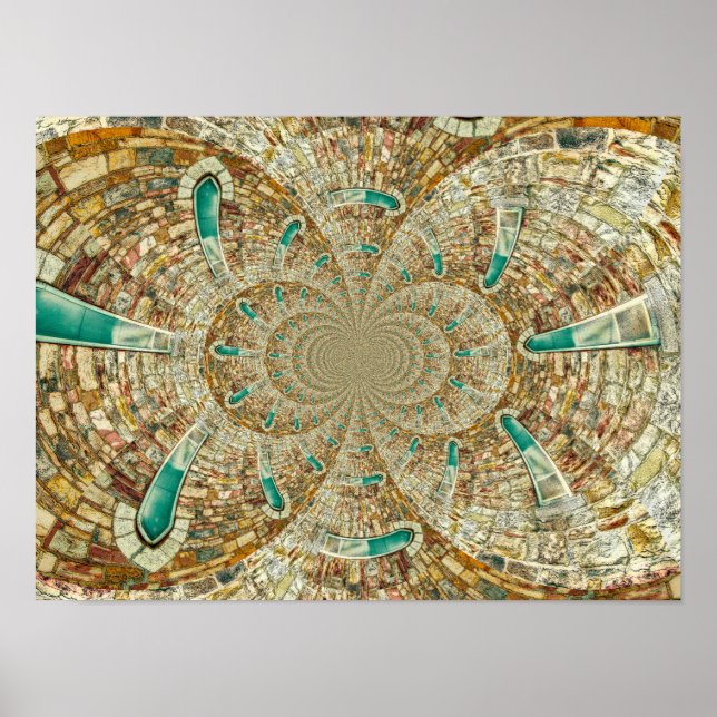 Vintage Antique Teal Brown Abstract Church Windows Poster (Front)