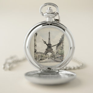 Vintage antique travel illustration of Paris Pocket Watch