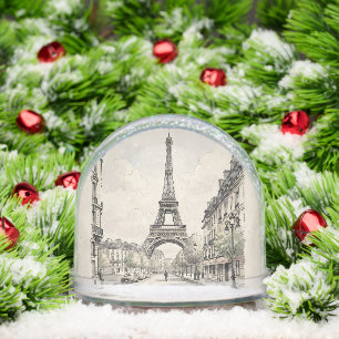 Vintage antique travel illustration of Paris Snow Globe