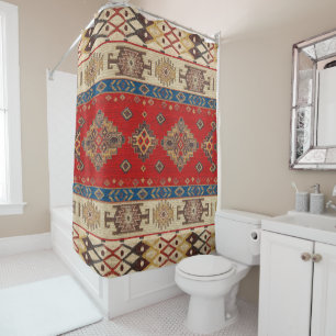 Vintage Antique Turkish Pale Gold Red Kilim Rug Shower Curtain