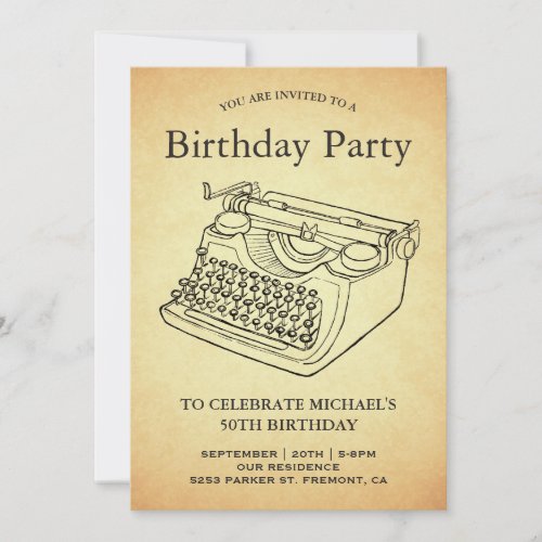 Vintage Antique Typewriter Birthday Party Invitation