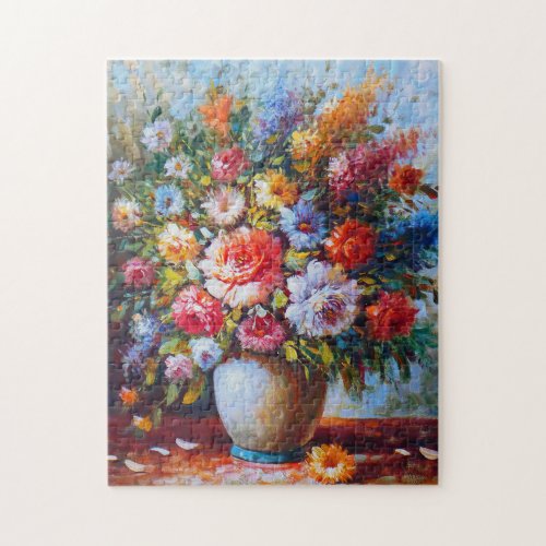 Vintage Antique Vase of Blue Orange Flowers Jigsaw Puzzle