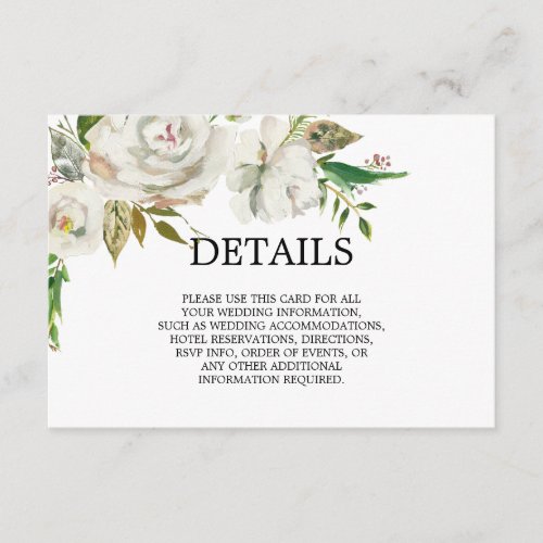 Vintage Antique Watercolor White Floral DETAILS Enclosure Card