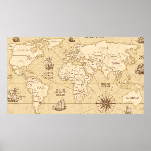 Vintage antique world map with countries boundarie poster