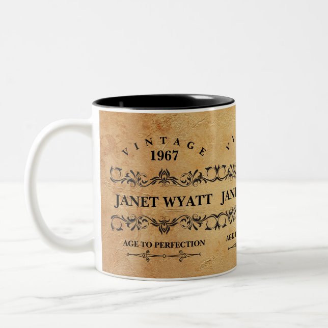 Vintage Any Age Birthday Two-Tone Coffee Mug (Left)
