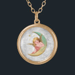 *~* Vintage AP40 Classic Victoria Angel Moon Gold Plated Necklace<br><div class="desc">(search id AP40 for similar designs) Transfer to other products if you like. Vintage ROUND Gold NECKLACE with sweet classic art Angel. * Energetically Enhanced Romantic Vintage Retro Antique Silver Glitter with the crescent MOON faux Glitter diamond pave Background. The little angel in comfortable leaning on the moon. ----------- As...</div>
