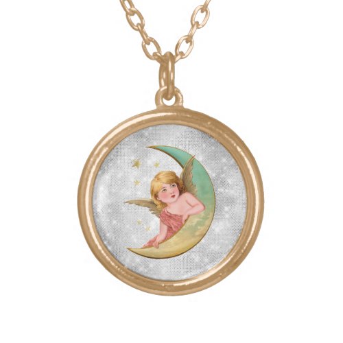  Vintage AP40 Classic Victoria Angel Moon Gold Plated Necklace