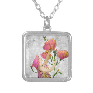 *~* Vintage AP40 Flowers Pink Fairy Silver Plated Necklace