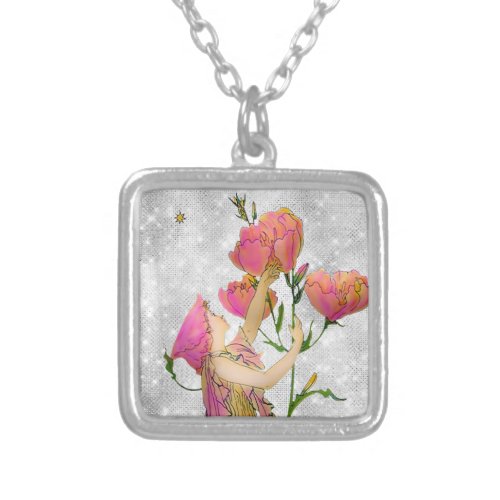 *~* Vintage AP40 Flowers Pink Fairy Silver Plated Necklace